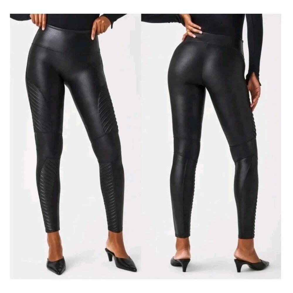 SPANX Faux Leather Moto Leggings XL Very Black Tummy Control Edgy Biker 20136R